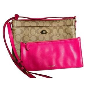 COACH Signature Khaki & Pink Crossbody Bag With Removable Pouch